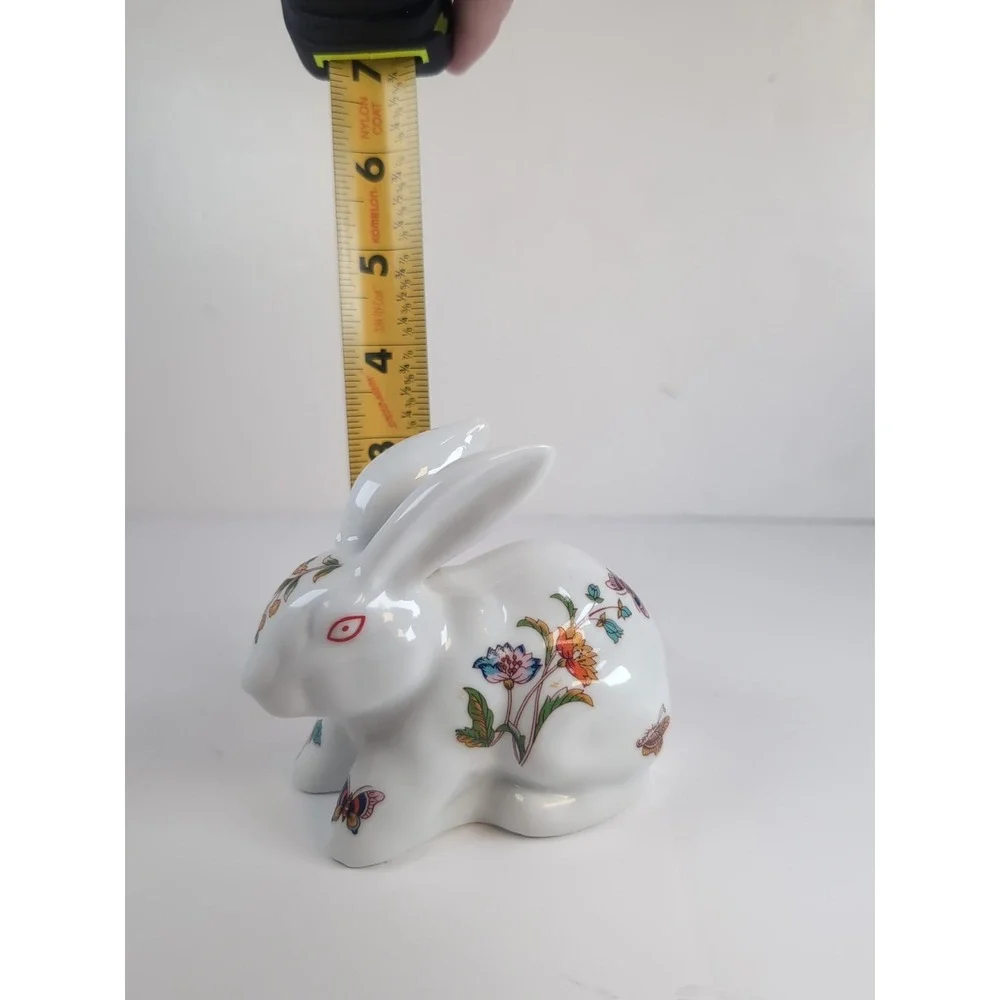 Trina Ceramic Bunny Cotton Ball Dispenser, Glazed W/Butterflies & Flowers Vintag